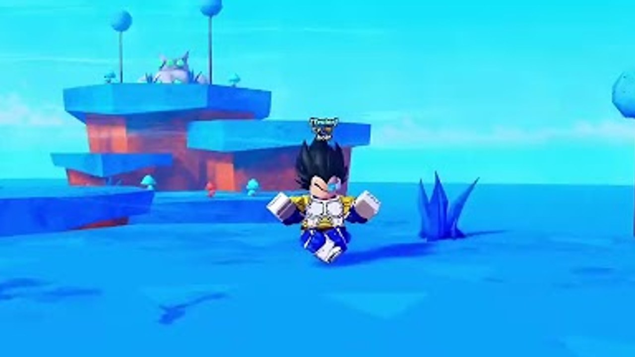 In-game Anime Soulborn screenshot of a Saiyan-style hero running across the blue starter island